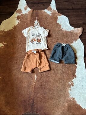 Amazon Kids Matching Set - Cream Tractor Tee with Orange and Gray Shorts
